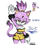  anthro big_breasts blaze_the_cat bottomwear breasts cleavage clothed clothing domestic_cat eyelashes felid feline felis female forehead_gem fur gloves hair handwear hi_res mammal mawstrife navel_outline ponytail purple_body purple_fur raised_arm sega simple_background solo sonic_the_hedgehog_(series) text thick_thighs topwear white_background white_body white_clothing white_fur white_gloves white_handwear wide_hips yellow_bottomwear yellow_clothing yellow_eyes yellow_topwear 