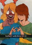  5_fingers anthro antlers blonde_hair blush breast_squish breasts buckteeth collarbone constricted_pupils d_robin deer deltarune doe_with_antlers duo embarrassed female fingers freckles gesture grope hair hair_over_eyes hand_heart hi_res horn human humiliation humor kris_(deltarune) male male/female mammal medium_breasts new_world_deer noelle_holiday oppai_heart photo pupils red_nose reindeer selfie sexual_harassment sexual_humor short_hair signature small_pupils squish submissive submissive_female surprise teeth undertale_(series) 