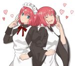  2girls apron black_dress black_kimono blue_eyes blush closed_eyes closed_mouth commentary_request dress hair_between_eyes heart hirakawa hisui_(tsukihime) japanese_clothes juliet_sleeves kimono kohaku_(tsukihime) locked_arms long_sleeves looking_at_viewer maid maid_apron maid_headdress multiple_girls neck_ribbon open_mouth puffy_sleeves red_hair red_ribbon ribbon short_hair siblings simple_background sisters smile tsukihime twins v wa_maid white_apron white_background wide_sleeves 