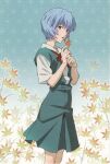  1girl absurdres ayanami_rei blue_hair highres holding holding_leaf leaf neon_genesis_evangelion official_art open_mouth red_eyes red_ribbon ribbon scan school_uniform short_hair solo standing tokyo-3_middle_school_uniform 