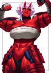 1girl abs absurdres armor bandaged_arm bandages breasts chest_sarashi cleavage collar colored_skin commentary cowboy_shot english_commentary flexing hair_between_eyes highres horns huge_breasts looking_at_viewer muscular muscular_female navel oni oni_horns original pointy_ears red_skin sarashi short_hair slit_pupils solo sotcho tusks 