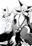  1girl absurdres breasts earrings fake_horns greyscale hair_over_eyes highres horns jewelry long_hair monochrome nail_polish nowosuke one_piece sadi-chan saldeath tongue tongue_out underboob 