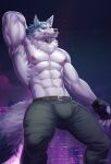  2023 absurd_res amon-sydonai anthro belt blue_body blue_fur bottomwear brand_new_animal canid canine canis clothed clothing collar fingerless_gloves fur gloves handwear hi_res looking_at_viewer male mammal muscular muscular_anthro muscular_male night pants shirou_ogami solo studio_trigger tail topless topless_anthro topless_male white_body white_fur wolf 