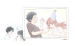  1boy 3girls black_eyes black_hair black_shirt brown_eyes brown_hair closed_eyes collared_shirt feeding happy_birthday hat highres holding holding_spoon ishida_shouya koe_no_katachi long_hair multiple_girls nishimiya_shouko open_mouth party_hat photo_(object) pink_shirt sahara_miyoko shirt short_hair short_sleeves simple_background spiked_hair spoon squiggle tozawa_(shibungi_21) ueno_naoka white_background white_shirt yellow_shirt 