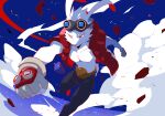  1boy animal_ears belt black_pants dust foreshortening furry furry_male gloves goggles goggles_on_head grey_gloves king_kazma pants pectorals punching rabbit_boy rabbit_ears rabbit_tail red_vest running sei_(seiryuuden) sleeveless summer_wars tail vest 