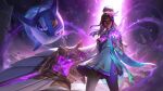  1girl absurdres animal braid brown_hair dress glowing hand_up highres holding holding_weapon league_of_legends long_hair looking_at_viewer multicolored_background multicolored_hair official_art pantyhose pink_eyes pink_hair pink_pantyhose senna_(league_of_legends) shark single_leg_pantyhose single_thighhigh solo star_(symbol) star_guardian_senna thighhighs weapon white_dress white_thighhighs 