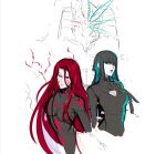  2girls allmind_(armored_core_6) armored_core armored_core_6 ayre_(armored_core_6) black_hair bodysuit breasts green_eyes green_hair green_lips hair_between_eyes highres hime_cut kubaushi lipstick long_hair looking_at_viewer makeup mecha multicolored_hair multiple_girls red_eyes red_hair robot sidelocks simple_background sketch_background streaked_hair two-tone_hair upper_body white_background 