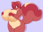  angstrom anthro areola big_breasts blush breasts covering covering_breasts covering_self female genitals hair hair_over_eye hand_on_breast hi_res huge_breasts mammal markings mole_(marking) multicolored_body nude one_eye_obstructed open_mouth pussy red_eyes red_hair rodent sciurid solo tan_areola tree_squirrel two_tone_body 