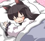  1girl animal_ears blush brown_hair closed_eyes dress drooling frilled_sleeves frills imaizumi_kagerou long_hair long_sleeves open_mouth pillow rokugou_daisuke signature sleeping solo touhou white_dress wide_sleeves wolf_ears 