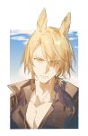  1boy alternate_hairstyle animal_ear_piercing animal_ears arknights black_jacket black_shirt blonde_hair blue_sky border chinese_commentary cloud collared_shirt commentary_request earrings frown highres horse_boy horse_ears jacket jewelry male_focus mlynar_(arknights) open_clothes open_shirt outdoors portrait shirt short_ponytail sky solo swept_bangs twiii_ye upper_body yellow_eyes 