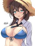  1girl alternate_breast_size bikini black_necktie blue_bikini blue_eyes braid breasts brown_hair collared_shirt dated front-tie_bikini_top front-tie_top hair_between_eyes hair_over_shoulder hat highres kantai_collection large_breasts long_hair looking_at_viewer montemasa necktie official_alternate_costume open_clothes open_mouth open_shirt shigure_(kancolle) shigure_kai_ni_(kancolle) shirt short_necktie single_braid smile solo straw_hat swimsuit twitter_username upper_body white_background white_shirt 
