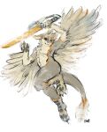  anthro blue_eyes ears_back full-length_portrait grey_body hi_res holding_object holding_sword holding_weapon male melee_weapon narrowed_eyes nude oselotti pivoted_ears portrait signature simple_background smile solo species_request sword weapon white_background winged_arms wings 