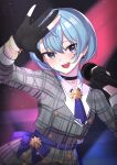  1girl :d arm_up black_choker black_gloves blue_eyes blue_hair blue_nails blush choker collared_shirt commentary_request earrings gloves grey_jacket grey_skirt hair_between_eyes hand_up head_tilt highres holding holding_microphone hololive hoshimachi_suisei jacket jewelry looking_at_viewer microphone nail_polish nanana_narang partially_fingerless_gloves plaid plaid_jacket plaid_skirt shirt skirt smile solo star_(symbol) star_in_eye symbol_in_eye virtual_youtuber white_shirt 