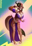  anthro belly_dancer big_breasts bottomwear bracelet breasts cheek_tuft cleavage clothed clothing dipstick_tail ear_piercing facial_tuft female gesture grin hair hi_res jewelry loincloth looking_at_viewer markings nebanan necklace piercing smile solo tail tail_markings tuft v_sign 