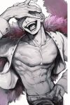  1boy abs absurdres coat covering_own_eyes cowboy_shot donquixote_doflamingo earrings feather_coat hand_on_own_forehead hand_on_own_hip highres jewelry laughing male_focus muscular muscular_male nowosuke one_piece open_clothes open_mouth pectorals pink_coat shirt simple_background sunglasses teeth tongue white_background white_shirt 