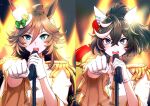  2girls ahoge animal_ears black_hair blue_eyes blurry blurry_foreground blush brown_hair clenched_hand diffraction_spikes ear_covers epaulettes gloves green_eyes hair_between_eyes hair_ornament hairclip hat hi_(ibisf5umauma) highres holding holding_microphone horse_ears jacket katsuragi_ace_(umamusume) long_hair looking_at_viewer microphone microphone_stand mini_hat mini_top_hat mr._c.b._(umamusume) multicolored_hair multiple_girls multiple_views open_mouth outstretched_arm ponytail road_of_radiance_(umamusume) short_hair streaked_hair sweat top_hat umamusume upper_body v-shaped_eyebrows white_gloves white_jacket 