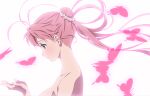  1girl antenna_hair blue_eyes breasts bug butterfly closed_mouth collarbone from_side hair_bun large_breasts lingerie_senshi_papillon_rose newpapillonrose official_art palms papillon_rose pink_butterfly pink_hair simple_background solo topless upper_body white_background 