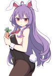  1girl absurdres ahoge animal_ears black_leotard black_pantyhose blush carrot closed_mouth cowboy_shot detached_collar food from_side hair_between_eyes highres holding holding_food holding_vegetable kame_(kamepan44231) leotard long_hair pantyhose purple_hair rabbit_ears rabbit_tail red_eyes reisen_udongein_inaba simple_background solo strapless strapless_leotard tail touhou vegetable white_background wrist_cuffs 