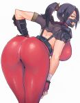  1girl armor ass black_hair bodysuit breasts brown_eyes closed_mouth fingerless_gloves gloves highres large_breasts long_hair looking_at_viewer madsensei ninja ponytail shoulder_armor simple_background skin_tight solo soulcalibur taki_(soulcalibur) white_background 