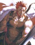  1boy armor bara beard cape facial_hair fate/zero fate_(series) fur-trimmed_cape fur_trim highres holding holding_sword holding_weapon iskandar_(fate) large_pectorals long_sideburns looking_at_viewer male_focus mature_male muscular muscular_male pectoral_cleavage pectorals red_cape red_eyes red_hair short_hair sideburns sidepec smile solo sword twitter_username weapon 
