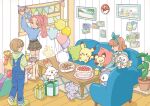  1boy 2girls armchair arms_up balloon belt blue_overalls blue_sweater blush bow_hairband box brown_belt brown_hair cake chair clock closed_mouth coffee_table couch cup espurr food gift gift_box hairband highres holding indoors looking_back milcery multiple_girls official_art overalls party photo_(object) pichu pikachu pink_hair piplup pizza pizza_box pokemon pokemon_(creature) ponytail ribbon rowlet scorbunny shorts sitting slippers smile standing sweater table thighhighs white_thighhighs 