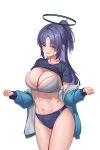  1girl black_shirt blue_archive blue_buruma blue_eyes blue_hair blue_jacket bow bow_bra bra breasts buruma cleavage clothes_lift cowboy_shot grey_bra gym_uniform half_updo halo highres jacket kekko_044 lace-trimmed_bra lace_trim large_breasts long_hair long_sleeves looking_at_viewer navel off_shoulder official_alternate_costume open_clothes open_jacket open_mouth parted_bangs purple_hair revision shirt shirt_lift short_sleeves simple_background smile solo stomach sweatdrop thighs underwear white_background yuuka_(blue_archive) yuuka_(gym_uniform)_(blue_archive) 