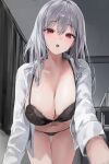 1girl absurdres black_bra blush bra breasts double-parted_bangs foreshortening grey_hair hair_between_eyes highres indoors large_breasts leaning_forward lillly long_hair looking_at_viewer open_clothes open_mouth open_shirt original red_eyes shirt underwear white_shirt 