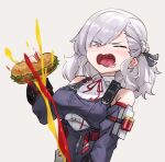  1girl ayanami_barrage_(meme) bare_shoulders braid breasts closed_eyes commentary_request detached_sleeves eyes_visible_through_hair food girls&#039;_frontline girls&#039;_frontline_2:_exilium grey_background grey_hair hair_over_one_eye hair_ribbon holding holding_food id_card ketchup large_breasts medium_hair meme mustard open_mouth ribbon saliva sandwich sexually_suggestive shotgun_shell simple_background solo spas-12_(girls&#039;_frontline) zerowill 