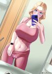  1girl bare_shoulders bathroom blonde_hair blue_eyes bra breasts cameltoe cellphone chinushiroya cleavage clothes_pull contrapposto cowboy_shot dutch_angle earrings forehead highres huge_breasts indoors jewelry linea_alba long_hair looking_at_phone midriff navel original pants pants_pull parted_bangs parted_hair phone pink_bra pink_nails pink_pants reflection selfie smartphone sports_bra tight tight_pants underwear watch yoga_pants 