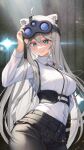  1girl ahoge animal_ears black_nails breasts eyewear_on_head grey_hair highres hololive large_breasts lion_ears long_hair monkey1468 night_vision_device official_alternate_costume shirt shishiro_botan shishiro_botan_(3rd_costume) smile virtual_youtuber white_shirt 