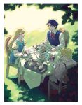  1girl 2boys aged_down black_hair blonde_hair blue_eyes blue_hair chair child cup dio_brando dress drinking erina_pendleton field hakmonss highres jojo_no_kimyou_na_bouken jonathan_joestar long_hair multiple_boys phantom_blood table teacup teapot vest waistcoat 