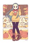  1girl bex_ollerton black_eyes black_pantyhose blush boots brown_footwear coffee_cup cup disposable_cup highres holding holding_cup leaf long_hair long_sleeves open_mouth original pantyhose pumpkin rain red_mittens smile solo sweater yellow_sweater 