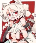  1girl animal_collar bare_shoulders blush breasts collar cowboy_shot detached_sleeves grey_hair hat inubashiri_momiji large_breasts looking_at_viewer massakasama open_mouth pom_pom_(clothes) red_eyes red_headwear sharp_teeth short_hair solo tail teeth tokin_hat touhou white_sleeves wolf wolf_tail 