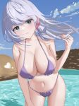  1girl bangs bare_arms bare_shoulders bikini blue_eyes blue_sky breasts cloud commentary_request cowboy_shot day genshin_impact grey_hair hand_up heart highres kamisato_ayaka large_breasts long_hair looking_at_viewer navel outdoors parted_lips purple_bikini sky solo standing stomach swimsuit thighs whitehartlane13 