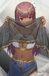  1girl alice_gear_aegis as4gi breasts choker dancer dark_skin detached_sleeves fabric fatima_betrorum harem_outfit holding_cloth jewelry large_breasts long_hair looking_at_viewer navel necklace pink_hair purple_eyes see-through signature solo 