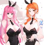  2girls animal_ears archived_source arm_tattoo bad_id bad_twitter_id black_eyes blunt_bangs braid breasts commentary detached_collar ghost joman long_hair multiple_girls nami_(one_piece) necktie one_piece orange_eyes orange_hair perona pink_hair playboy_bunny rabbit_ears rabbit_tail short_necktie sidelocks simple_background single_braid smile star_(symbol) symbol-only_commentary tail tattoo white_background white_wrist_cuffs 