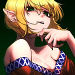  1girl bare_shoulders black_background blonde_hair breasts brown_shirt cleavage collarbone english_commentary gradient_background green_background green_eyes green_nails hand_up mizuhashi_parsee off_shoulder open_mouth pointy_ears ringed_eyes shirt short_hair solo touhou upper_body yokozuna_iwashi 