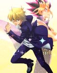  2boys belt black_choker black_hair blonde_hair blue_jacket blue_pants choker crossed_arms domino_high_school_uniform hair_between_eyes highres jacket jacket_on_shoulders jounouchi_katsuya kakiko210 male_focus multicolored_hair multiple_boys open_clothes open_jacket open_mouth pants red_hair school_uniform shirt white_shirt yami_yuugi yellow_eyes yu-gi-oh! yu-gi-oh!_duel_monsters 