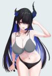  1girl arm_up asymmetrical_horns black_hair black_panties blue_hair bra breasts collarbone colored_inner_hair cowboy_shot demon_horns grey_bra highres hololive hololive_english horns large_breasts lephi long_hair multicolored_hair navel nerissa_ravencroft open_mouth panties purple_eyes simple_background solo stomach thighs two-tone_hair underwear very_long_hair virtual_youtuber 