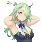  1girl ameiarts armpits blush braid breasts ceres_fauna cleavage earrings flower green_hair hair_flower hair_ornament hair_over_one_eye highres hololive hololive_english horns jewelry long_hair looking_at_viewer mole mole_under_eye multicolored_hair parted_lips simple_background sleeveless solo two-tone_hair virtual_youtuber white_background yellow_eyes 