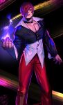  1boy choker fire hair_over_one_eye highres jacket looking_at_viewer male_focus oshirimarsh pants pectoral_cleavage pectorals purple_fire pyrokinesis red_eyes red_hair red_pants short_hair simple_background snk solo the_king_of_fighters the_king_of_fighters_&#039;95 unbuttoned_sleeves yagami_iori 
