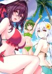  3girls absurdres ahoge arm_up bare_shoulders bikini blue_sky breasts brown_hair cloud cloudy_sky cu-no day flat_chest flower green_eyes green_hair hair_flower hair_ornament hat hibiscus highres hisen_kaede kokonoe_tamaki large_breasts long_hair looking_at_viewer looking_back medium_breasts multiple_girls nonono_futaba one_eye_closed open_mouth outdoors palm_leaf palm_tree rapua_qive red_eyes scan simple_background sitting sky smile sun_hat swimsuit thighs tree white_hair yellow_eyes 