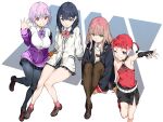  absurdres asukagawa_chise black_hair black_jacket black_pantyhose black_skirt blazer blue_eyes bow bowtie braid brown_hair cardigan detached_sleeves green_eyes gridman_universe haimura_kiyotaka highres jacket light_purple_hair microskirt minami_yume mole mole_under_mouth o-ring off_shoulder orange_scrunchie pantyhose purple_bow purple_bowtie purple_jacket red_bow red_bowtie red_hair red_socks scrunchie shinjou_akane single_detached_sleeve skirt socks ssss.dynazenon ssss.gridman takarada_rikka thighs twin_braids white_cardigan wrist_scrunchie 