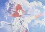  1girl absurdres arima_kana bird_wings blue_sky cloud cloudy_sky hat highres ivuneuuuuuuuu lace looking_to_the_side open_mouth oshi_no_ko red_eyes red_hair shirt short_hair sky unhappy upper_body white_shirt wings 