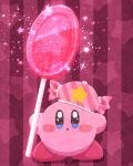  blue_eyes blush_stickers candy candy_wrapper food hat highres holding holding_candy holding_food kirby kirby_(series) lollipop looking_at_viewer miclot no_humans open_mouth pink_background pink_headwear pink_theme sparkling_eyes starry_background striped striped_background 