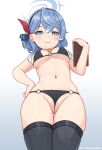  1girl :d ako_(blue_archive) alternate_costume ass_visible_through_thighs batazungharn bell bikini black_bikini black_thighhighs blue_archive blue_eyes blue_hair breasts cleavage clipboard commentary_request earrings from_below groin hair_between_eyes hairband halo hand_on_own_hip highres holding holding_clipboard jewelry long_hair looking_at_viewer looking_down navel neck_bell parted_lips sidelocks simple_background smile solo stomach swimsuit thighhighs thighs wedgie white_background 