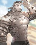  1boy abs adjusting_eyewear animal_ears arknights bara blue_eyes blurry blurry_background cowboy_shot eyewear_removed facial_hair furry furry_male goatee highres large_pectorals looking_at_viewer male_focus mountain_(arknights) muscular muscular_male navel neumo nipples official_alternate_hairstyle pectorals scar scar_across_eye scar_on_arm short_hair short_ponytail solo sunglasses sunlight tail thick_eyebrows tiger_boy tiger_ears tiger_tail v-taper white_fur white_hair 