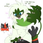  anthro black_body black_fur blue_eyes bodily_fluids breasts cheek_tuft claws cowgirl_position cum cum_in_pussy cum_inside dialogue duo english_text facial_tuft female female_penetrated flamey_(naka) floragato from_front_position fur generation_7_pokemon generation_9_pokemon genital_fluids green_body green_fur hi_res male male/female male_penetrating male_penetrating_female medium_breasts mossy_(naka) nakachidragon nintendo on_bottom on_top penetration penile penile_penetration penis_in_pussy pokemon pokemon_(species) pokemorph scarf sex text torracat tuft vaginal vaginal_penetration 