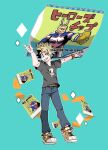  1boy all_might aqua_background arms_up bakugou_katsuki black_shirt blonde_hair boku_no_hero_academia character_name chips_(food) commentary_request food full_body grin koo1088 male_focus oversized_food pants potato_chips print_shirt shirt shoes short_hair short_sleeves simple_background skull_print smile solo spiked_hair standing 