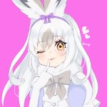  1girl animal_ears bow bowtie cthun_n dress elbow_gloves extra_ears gloves heart highres kemono_friends long_hair looking_at_viewer one_eye_closed pink_background rabbit_ears rabbit_girl ribbon scarf simple_background snowshoe_hare_(kemono_friends) solo tongue upper_body white_hair yellow_eyes 